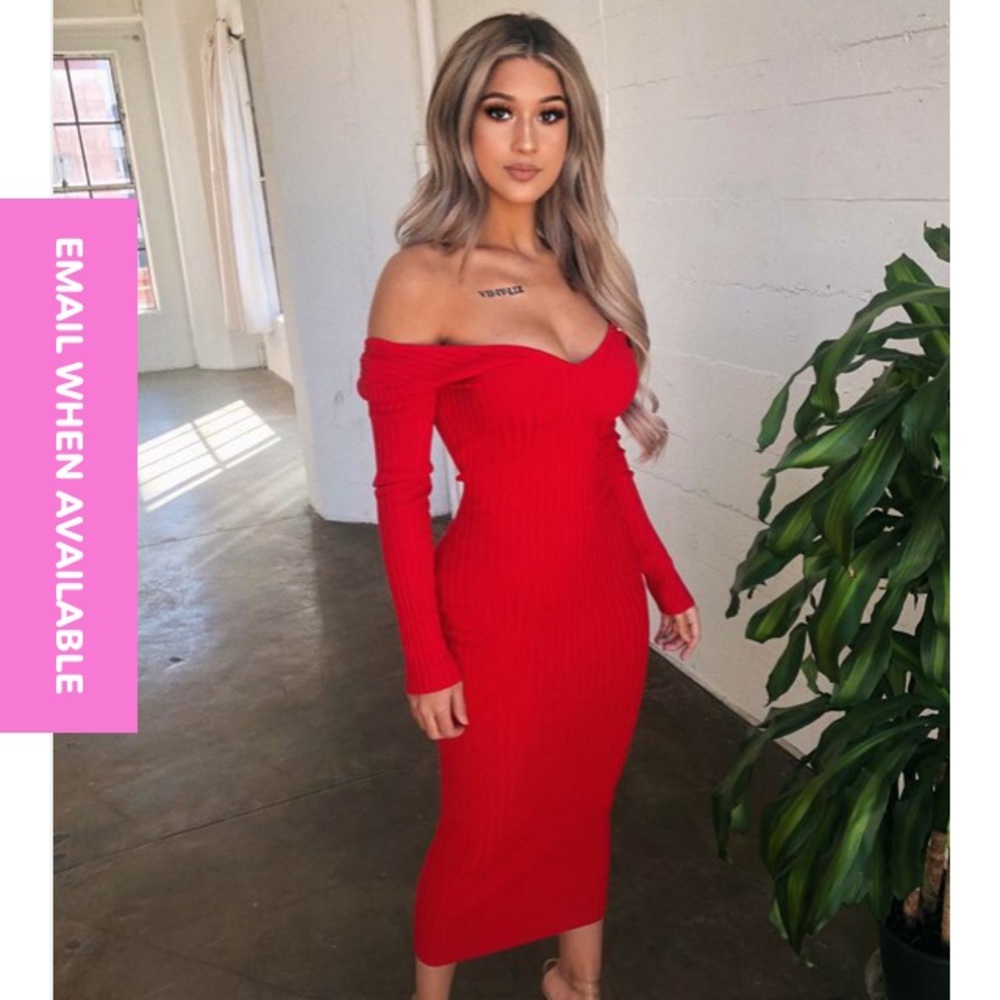 OOTDFASH red off the shoulder ribbed dress